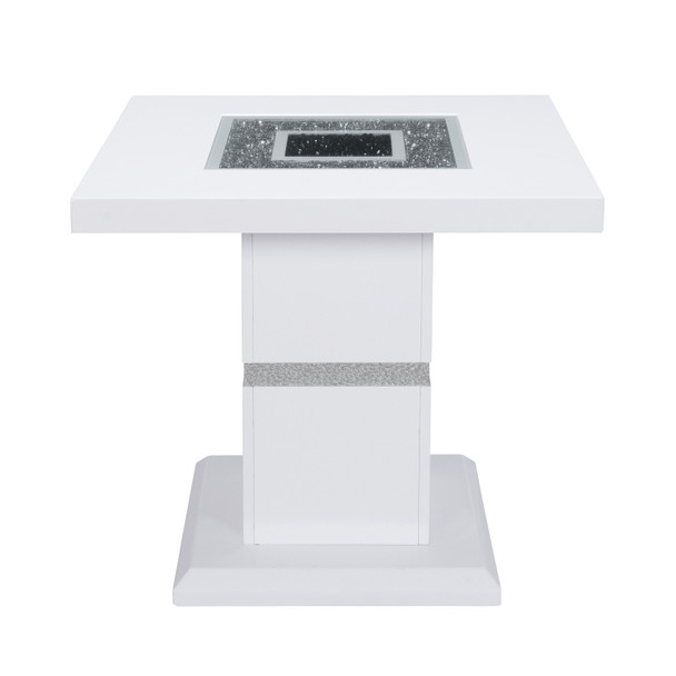 24" White and Silver Glass and Wood Faux Crystal Bling Square Pedestal End Table