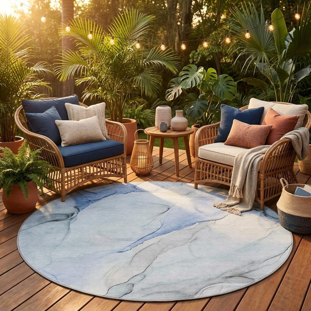 8' Round Ivory Blue and Gray Round Abstract Washable Non Skid Indoor Outdoor Area Rug