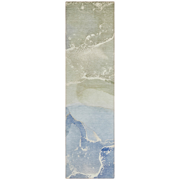 2' X 8' Blue and Green Abstract Washable Indoor Outdoor Runner Rug