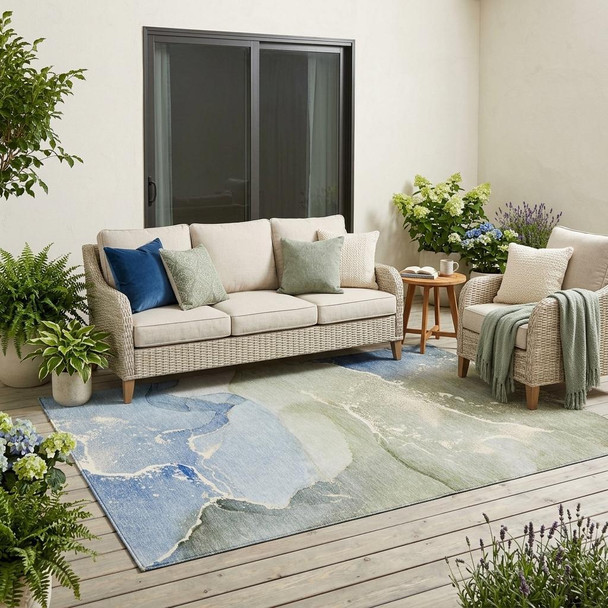 5' X 8' Blue and Green Abstract Washable Indoor Outdoor Area Rug
