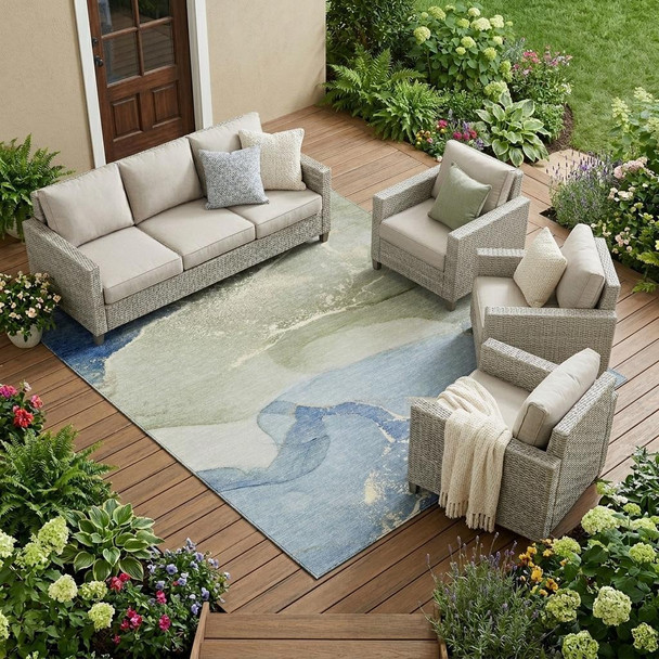 9' X 12' Blue and Green Abstract Washable Indoor Outdoor Area Rug