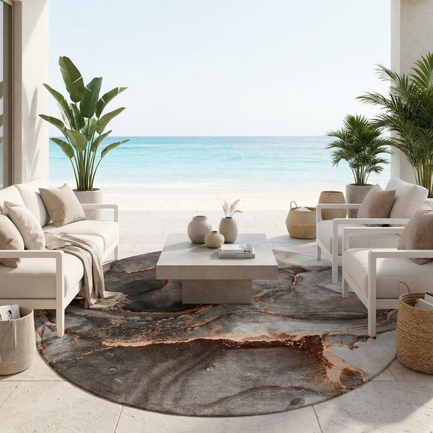 8' Round Peach Round Abstract Washable Non Skid Indoor Outdoor Area Rug