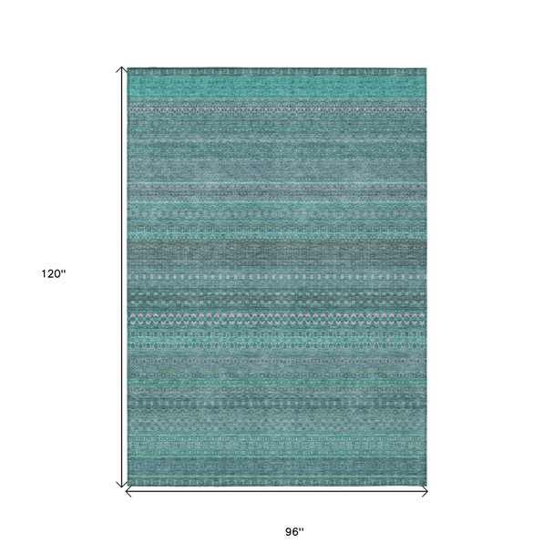 8' X 10' Turquoise Striped Washable Non Skid Indoor Outdoor Area Rug