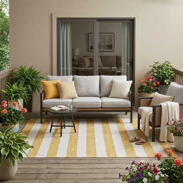 5' X 8' Gold Striped Washable Non Skid Indoor Outdoor Area Rug