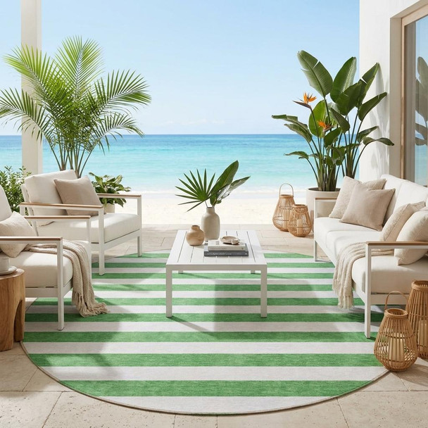 8' X 8' Green and White Round Striped Washable Indoor Outdoor Area Rug