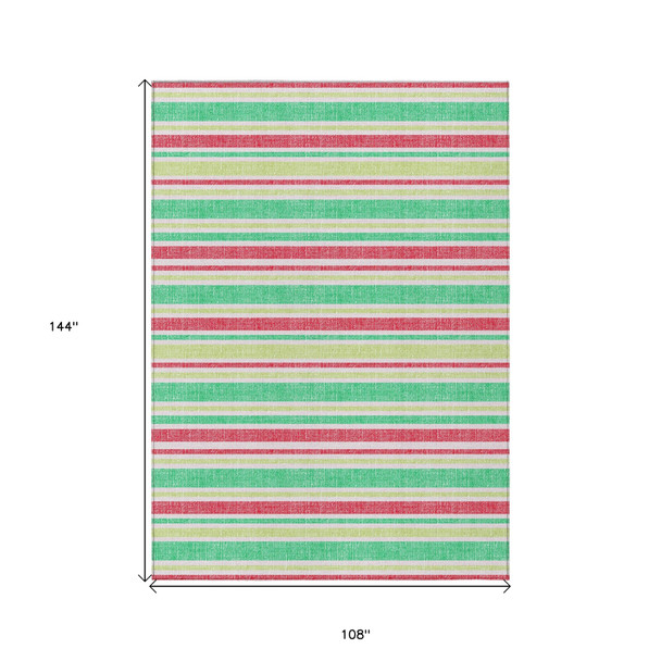 9' X 12' Green Striped Washable Non Skid Indoor Outdoor Area Rug