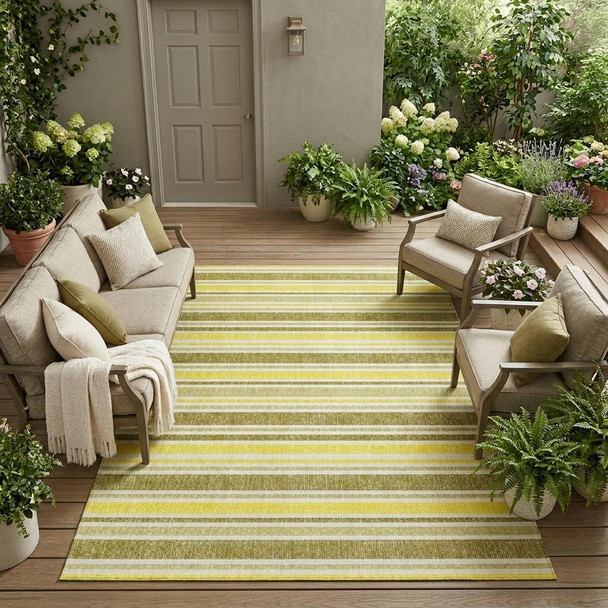9' X 12' Khaki Yellow and Gray Striped Washable Non Skid Indoor Outdoor Area Rug