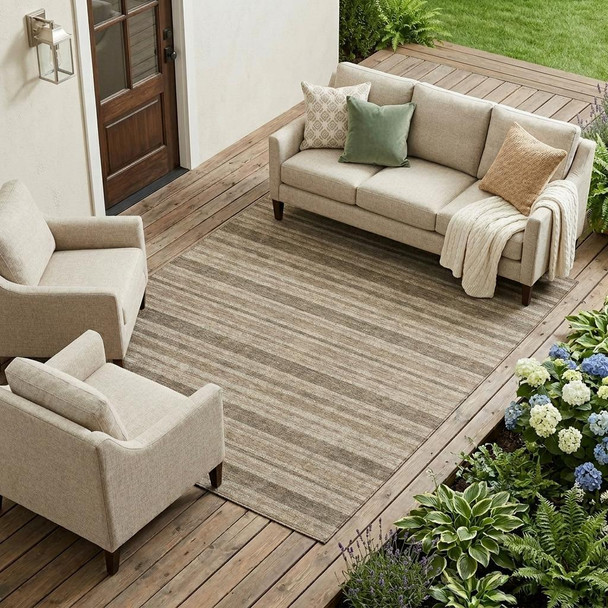 9' X 12' Taupe Striped Washable Indoor Outdoor Area Rug