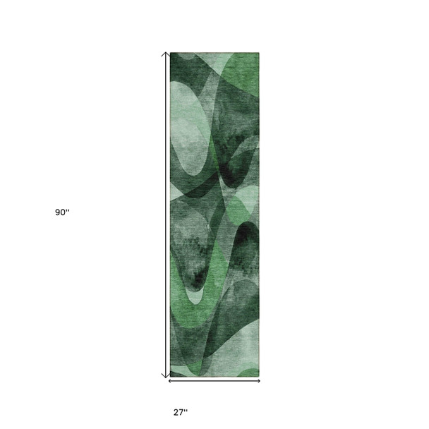 8' Runner Fern Green Abstract Washable Non Skid Indoor Outdoor Runner Rug