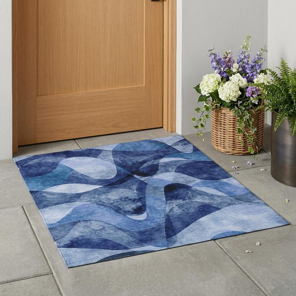 3' X 5' Navy Blue Abstract Washable Non Skid Indoor Outdoor Area Rug