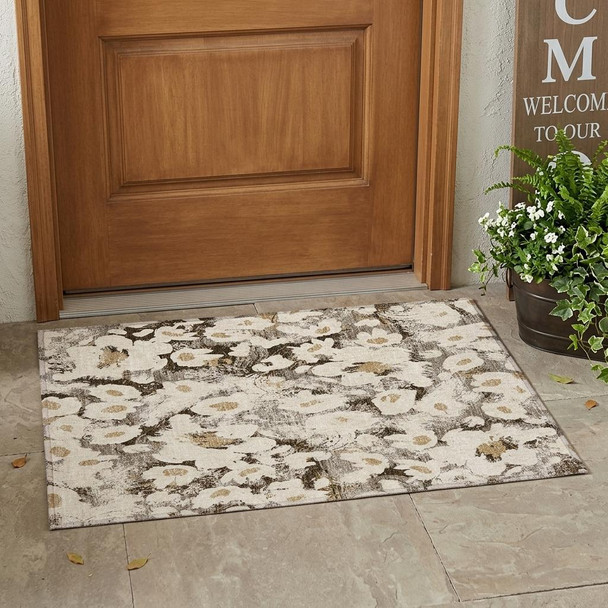 2' X 3' Khaki Floral Washable Non Skid Indoor Outdoor Area Rug