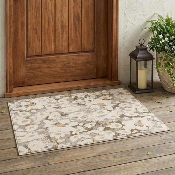 3' X 5' Khaki Floral Washable Non Skid Indoor Outdoor Area Rug