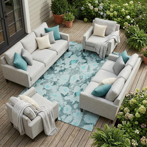 10' X 14' Teal Floral Washable Non Skid Indoor Outdoor Area Rug
