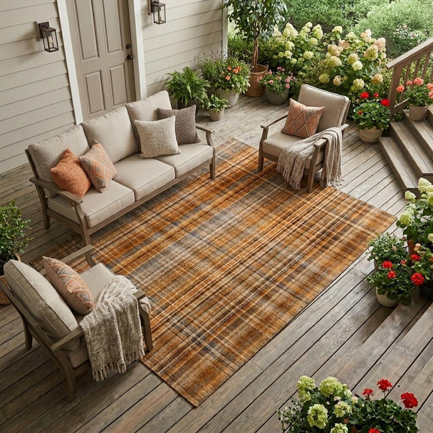 10' X 14' Terra Cotta Plaid Washable Non Skid Indoor Outdoor Area Rug