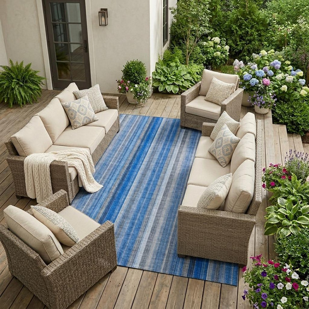 10' X 14' Blue Striped Washable Non Skid Indoor Outdoor Area Rug
