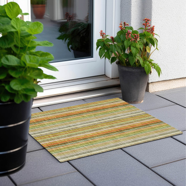 2' X 3' Tan Orange and Green Striped Washable Non Skid Indoor Outdoor Area Rug