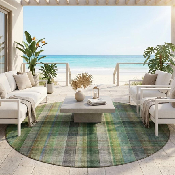 8' Round Green Round Plaid Washable Non Skid Indoor Outdoor Area Rug