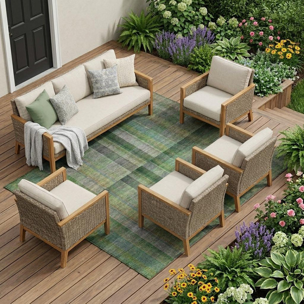 9' X 12' Green Plaid Washable Non Skid Indoor Outdoor Area Rug