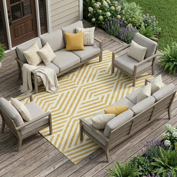 10' X 14' Gold and White Geometric Washable Non Skid Indoor Outdoor Area Rug