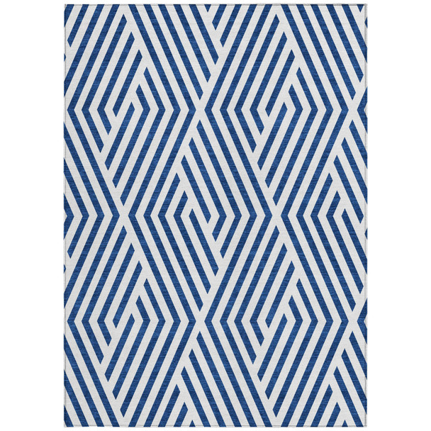 10' X 14' Navy and White Geometric Washable Non Skid Indoor Outdoor Area Rug