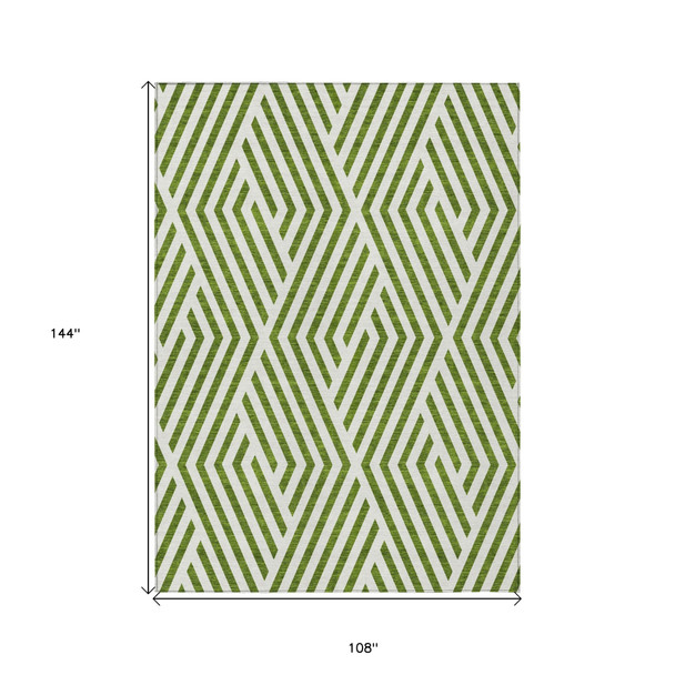 9' X 12' Lime Green and White Geometric Washable Non Skid Indoor Outdoor Area Rug