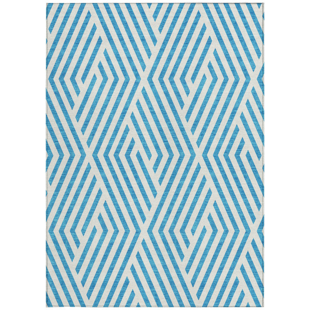 3' X 5' Teal and White Geometric Washable Non Skid Indoor Outdoor Area Rug