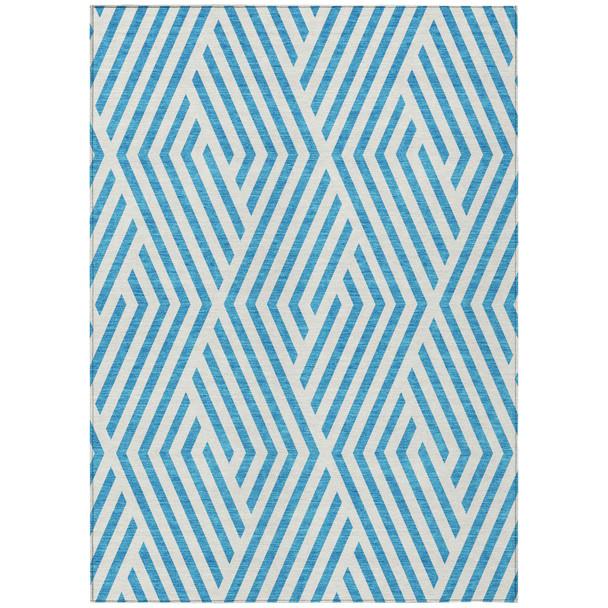 5' X 8' Teal and White Geometric Washable Non Skid Indoor Outdoor Area Rug