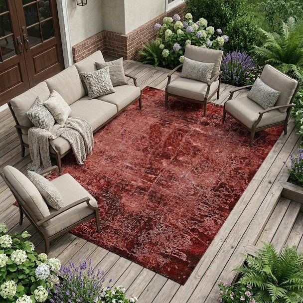 10' X 14' Merlot Abstract Washable Non Skid Indoor Outdoor Area Rug