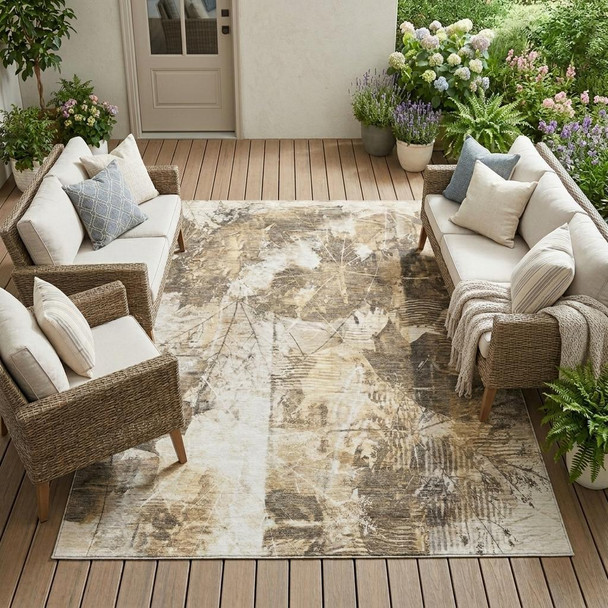 10' X 14' Taupe And Ivory Floral Washable Indoor Outdoor Area Rug