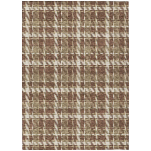 10' X 14' Chocolate and Ivory Plaid Washable Non Skid Indoor Outdoor Area Rug