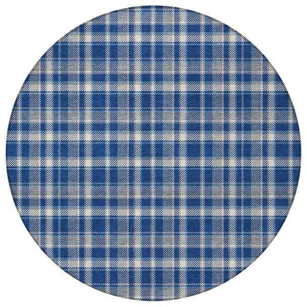 8' Round Navy and Ivory Round Plaid Washable Non Skid Indoor Outdoor Area Rug