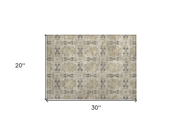 2' X 3' Beige and Gray Floral Medallion Washable Non Skid Indoor Outdoor Area Rug
