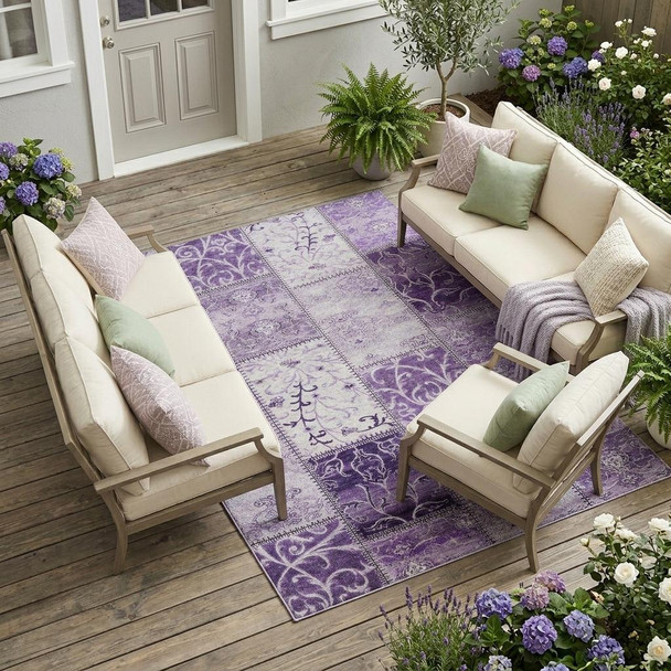 10' X 14' Purple Patchwork Washable Indoor Outdoor Area Rug
