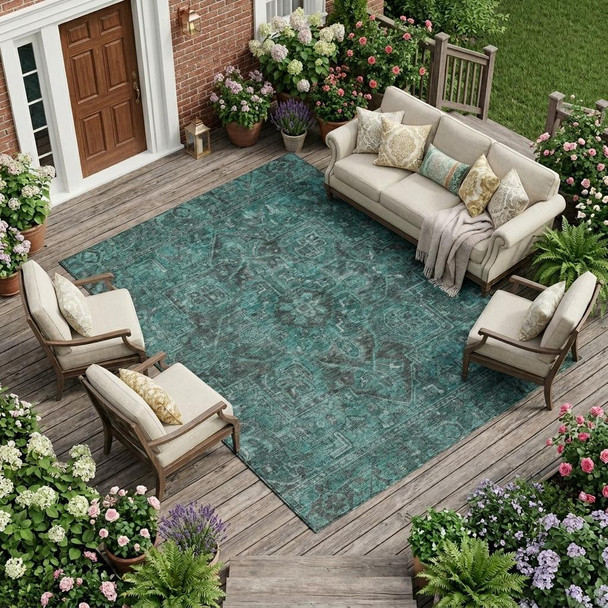 9' X 12' Turquoise Oriental Washable Non Skid Indoor Outdoor Area Rug