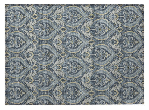 2' X 3' Blue and Cream Damask Washable Non Skid Indoor Outdoor Area Rug