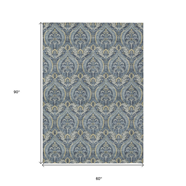 5' X 8' Blue and Cream Damask Washable Non Skid Indoor Outdoor Area Rug
