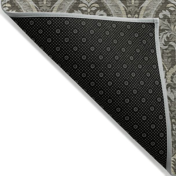 2' X 3' Taupe and Beige Damask Washable Non Skid Indoor Outdoor Area Rug