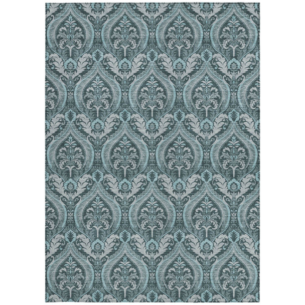 10' X 14' Teal Damask Washable Non Skid Indoor Outdoor Area Rug