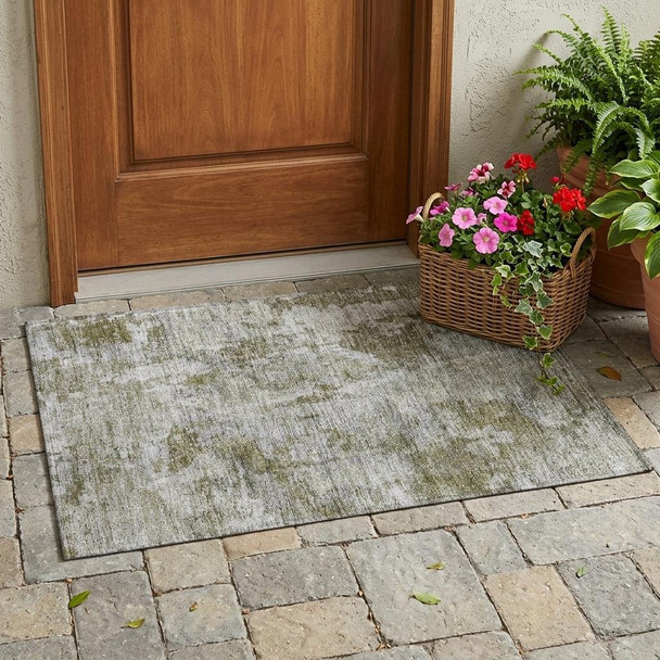 2' X 3' Green Abstract Washable Non Skid Indoor Outdoor Area Rug