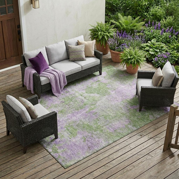 9' X 12' Green and Purple Abstract Washable Non Skid Indoor Outdoor Area Rug