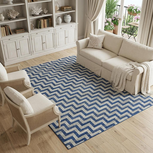 10' X 13' Blue and Gray Chevron Power Loom Area Rug