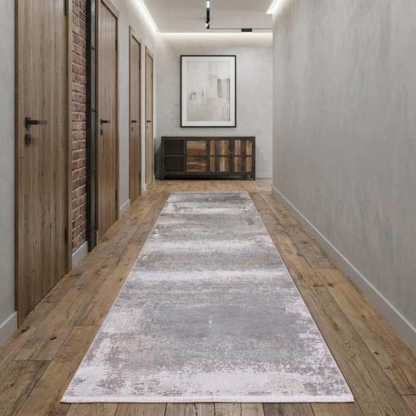 10' Gray Abstract Power Loom Runner Rug With Fringe