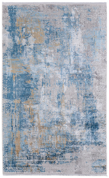 12' X 15' Blue Gold and Gray Abstract Power Loom Area Rug With Fringe