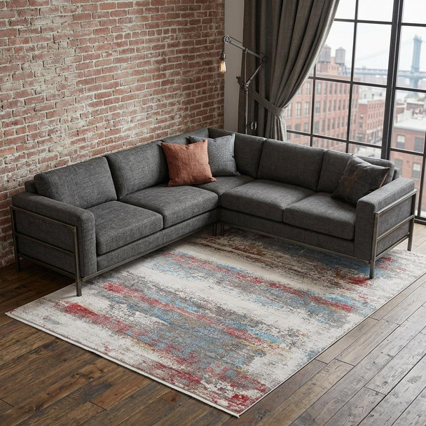 13' X 20' Gray Blue and Red Abstract Power Loom Area Rug With Fringe