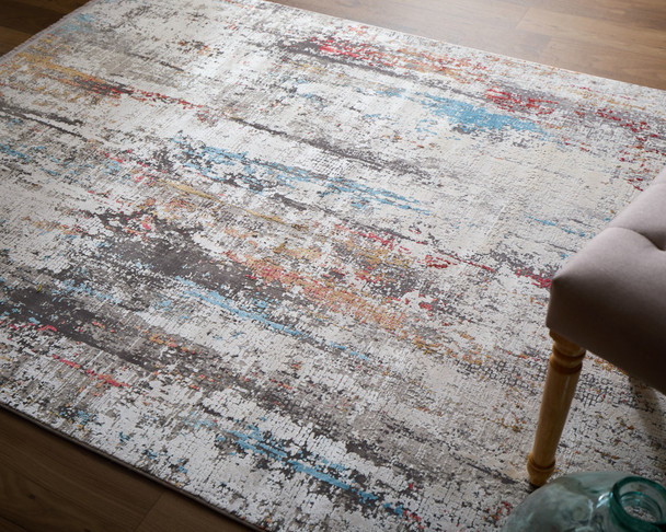 8' X 11' Gray Blue and Red Abstract Power Loom Area Rug With Fringe