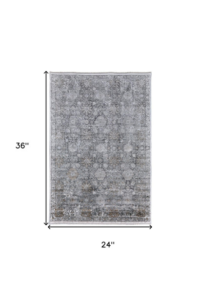 2' X 3' Gray and Silver Damask Power Loom Worn Faded Area Rug