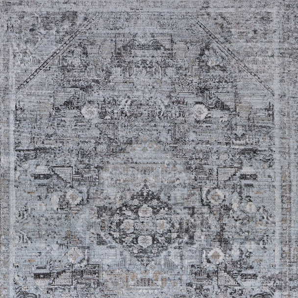 4' X 5' Gray and Silver Oriental Power Loom Worn Faded Area Rug