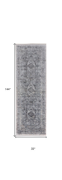 12' Gray and Silver Oriental Power Loom Worn Faded Runner Rug