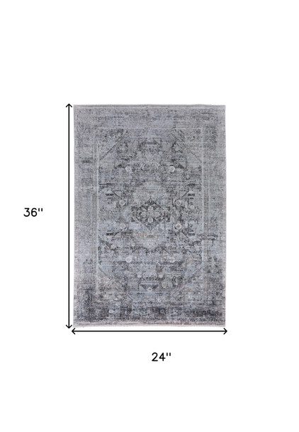 2' X 3' Gray and Silver Oriental Power Loom Worn Faded Area Rug