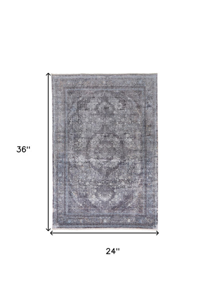 2' X 3' Gray and Silver Oriental Power Loom Worn Faded Area Rug